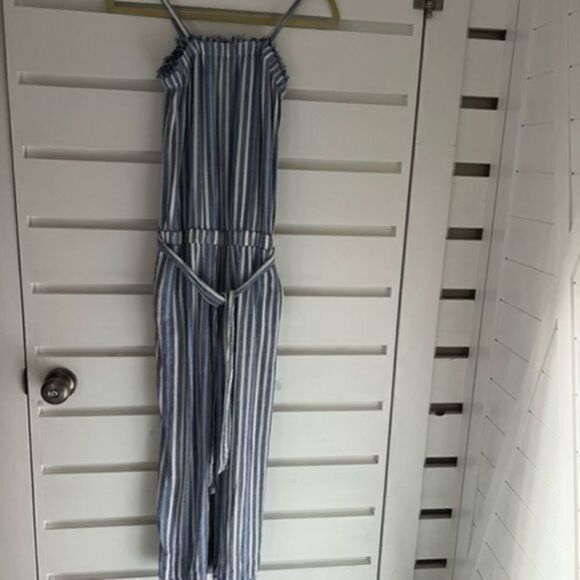 BELA DAHL girl blue and white striped one piece romper w/adjustable straps & tie - Picture 1 of 7